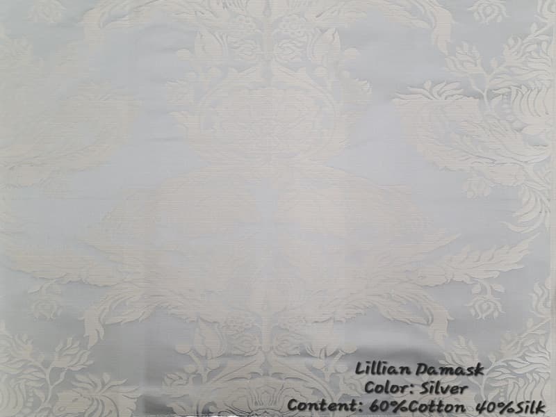 LILLIAN DAMUSK fabric in Damask Silver - Catania Silks